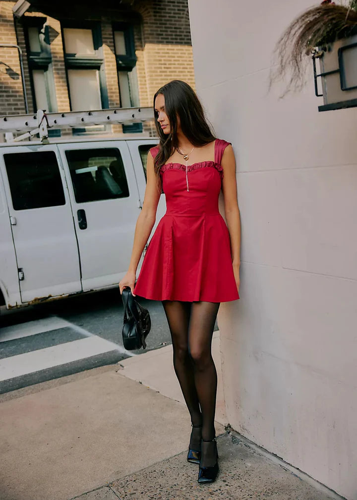 MIDNIGHT MAGIC MINI DRESS, RED DAHLIA COMBO