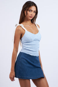 FLORAL SMOCKED TIE BACK TANK, COOL LYRICS BLUE