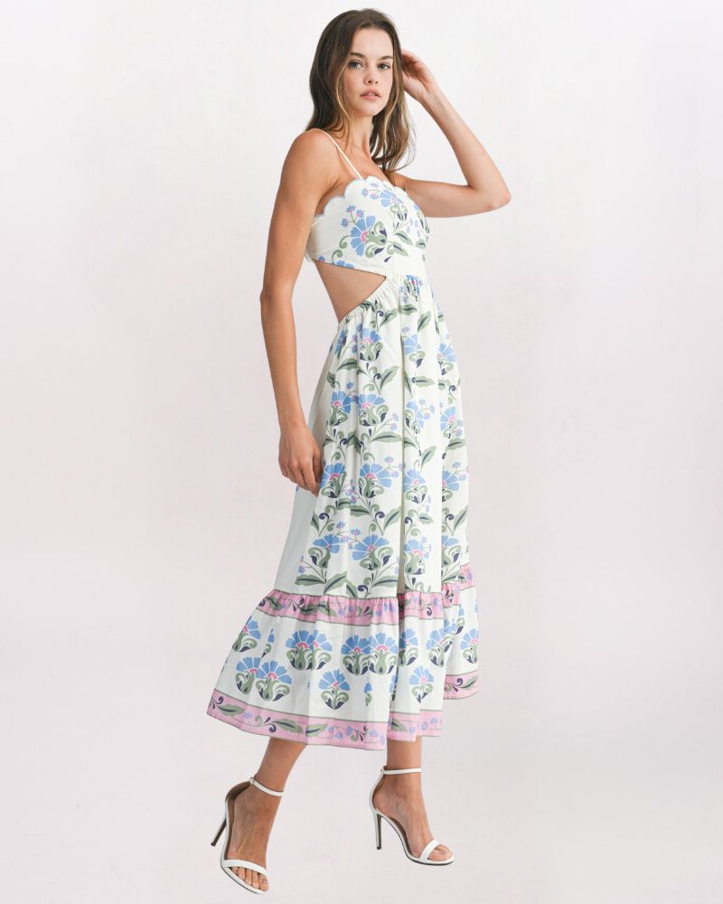 FLORAL BORDER PRINT MAXI DRESS, CREAM