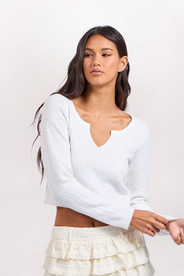 MARLED NOTCH NECK SWEATER - WHITE