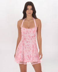 SEQUIN FLORAL HALTER DRESS