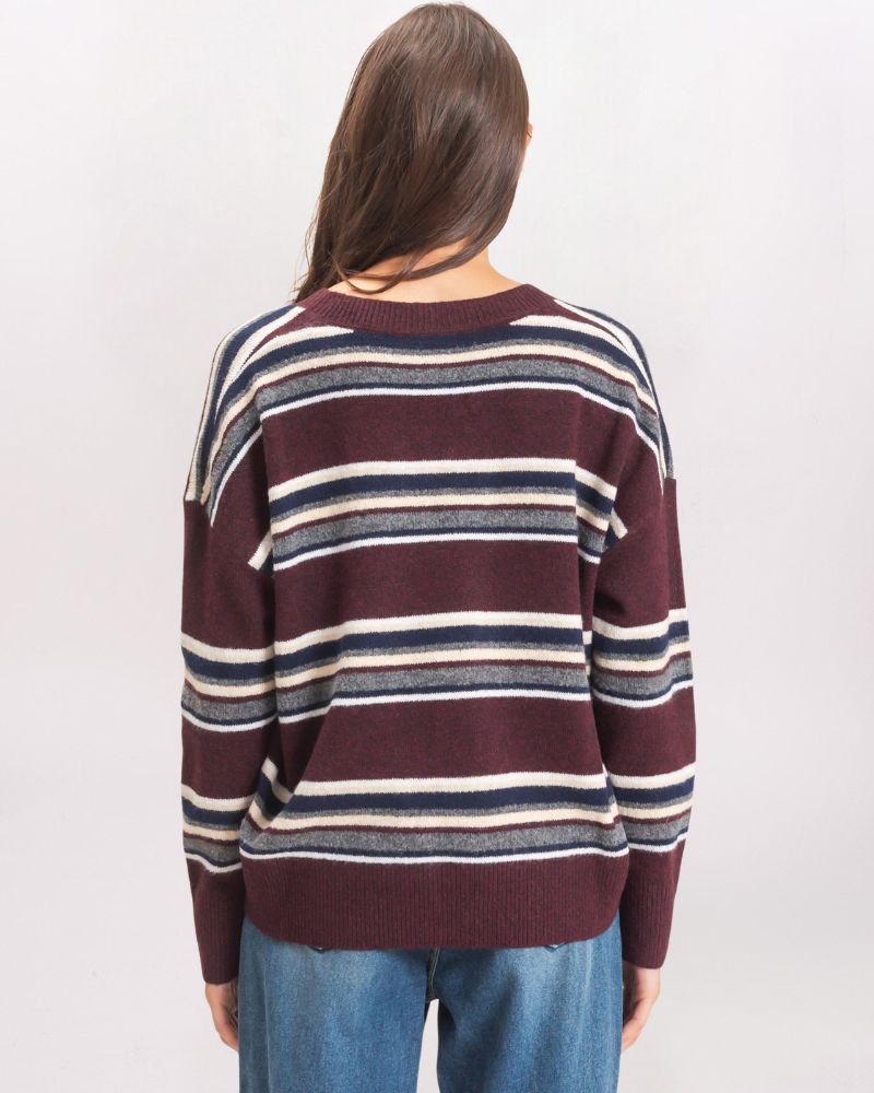 MULTI STRIPED VNECK SWEATER, WINE