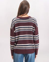 MULTI STRIPED VNECK SWEATER, WINE