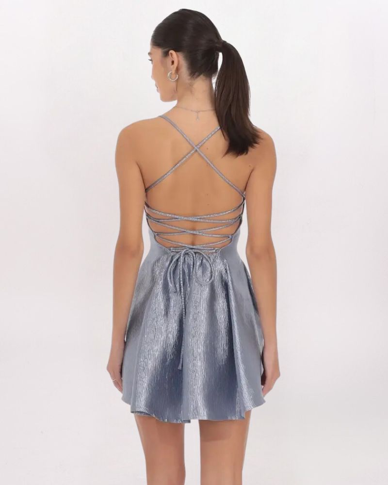 METALLIC LACED BACK FLARE DRESS, SLT BLUE