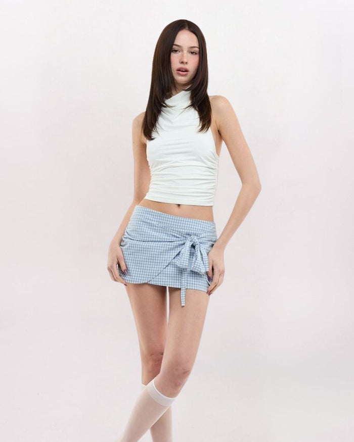GINGHAM SIDE TIE MINI SKORT, BLUE