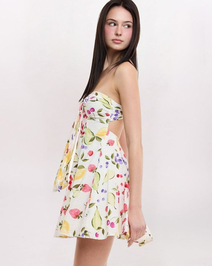 KNOT FRONT OPEN BACK DRESS, FRUIT COCKTAIL