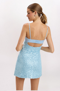 SATIN BUSTIER SEQUIN DRESS, BABY BLUE