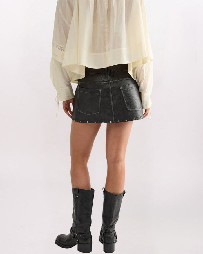 LAINEY STUDDED VEGAN SKIRT, BLACK
