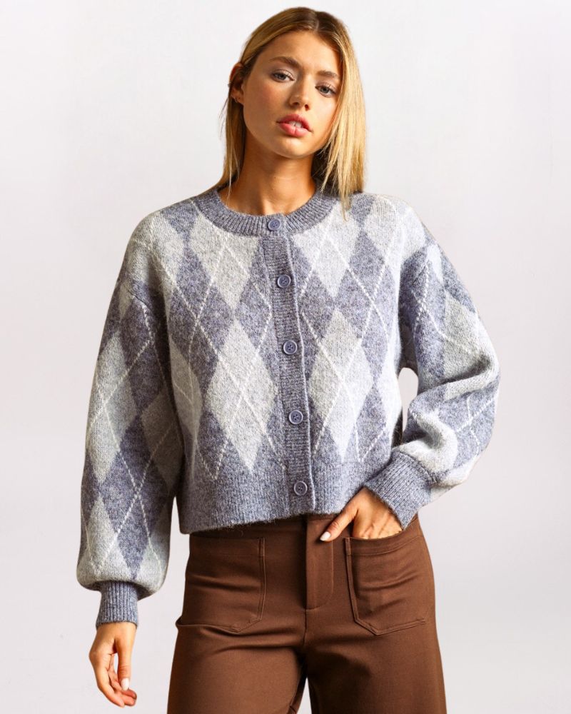 COZY ARGYLE CARDIGAN, H GREY