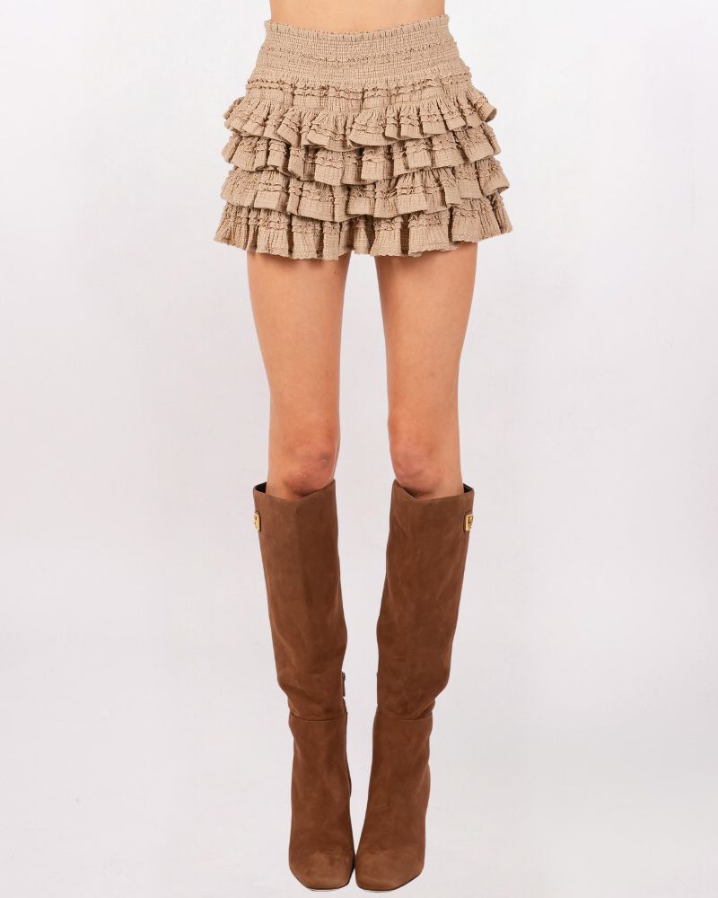 TEXTURED KNIT RUFFLE TIER SKIRT, TAUPE