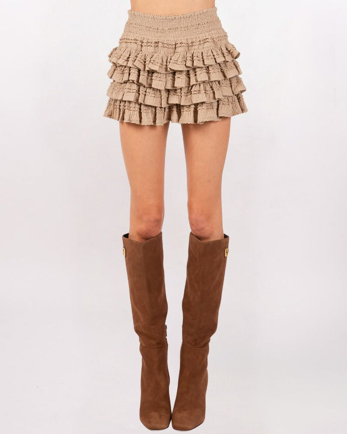 TEXTURED KNIT RUFFLE TIER SKIRT, TAUPE