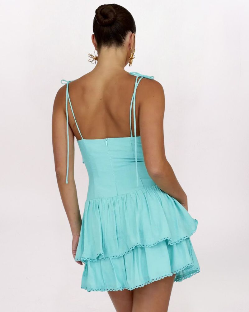 TIE SHOULDER TIERED DRESS, AQUA