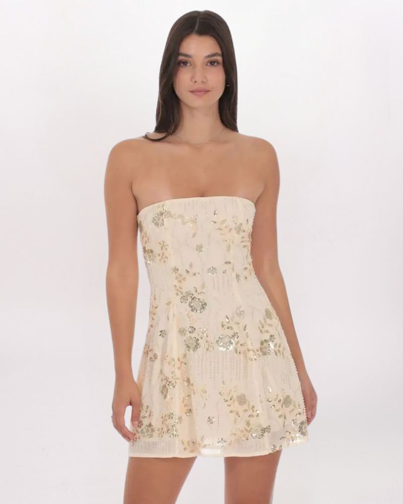 GOLD SEQUIN BEADED FLORAL FLARE DRESS