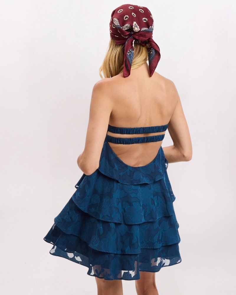 TEXTURED FLORAL TIERED DRESS, DEEP BLUE