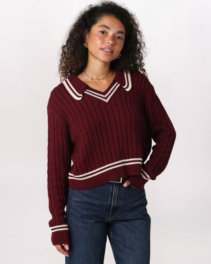 STRIPED CUFF DETAIL COLLARED SWEATER, BURGUNDY/NATURAL