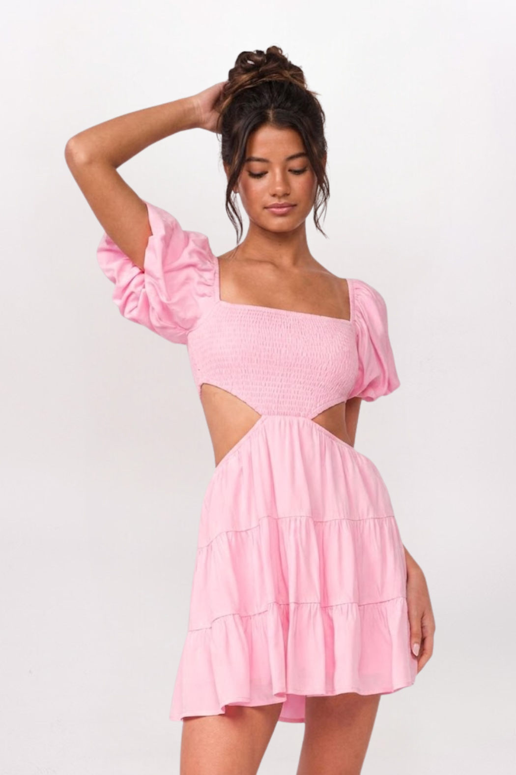 PUFF SLEEVE SIDE CUTOUT DRESS