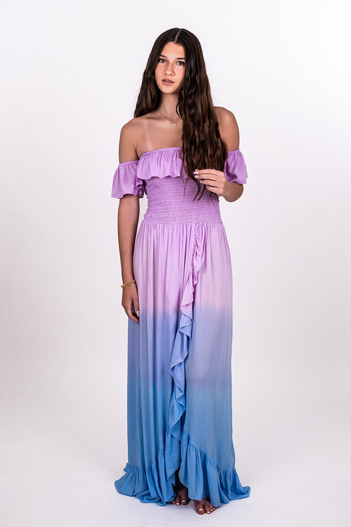 OFF SHOULDER OMBRE TULIP HEM MAXI DRESS