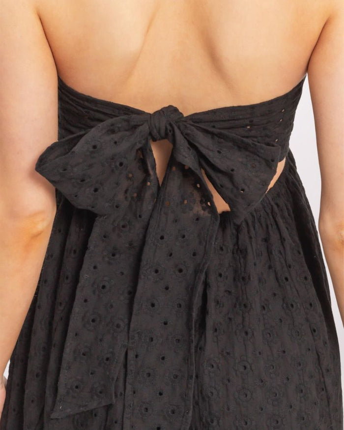 STRAPLESS TIE BACK SMOCKED DRESS, BLACK