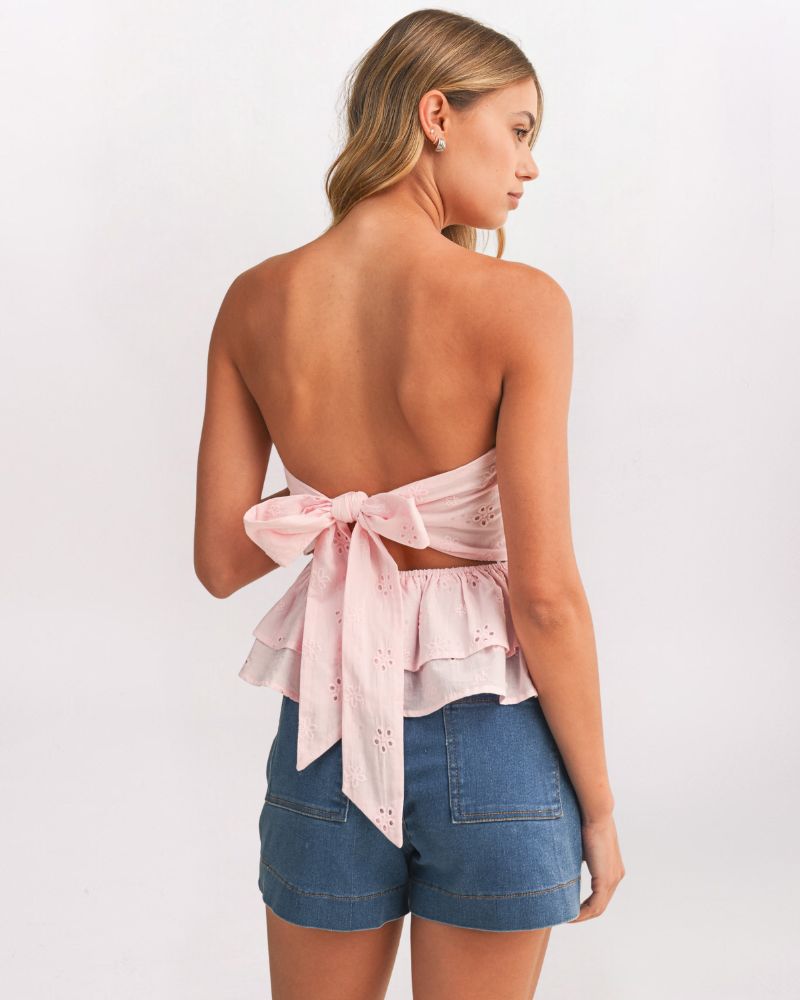 EYELET TIE BACK PEPLUM TOP, BABY PINK