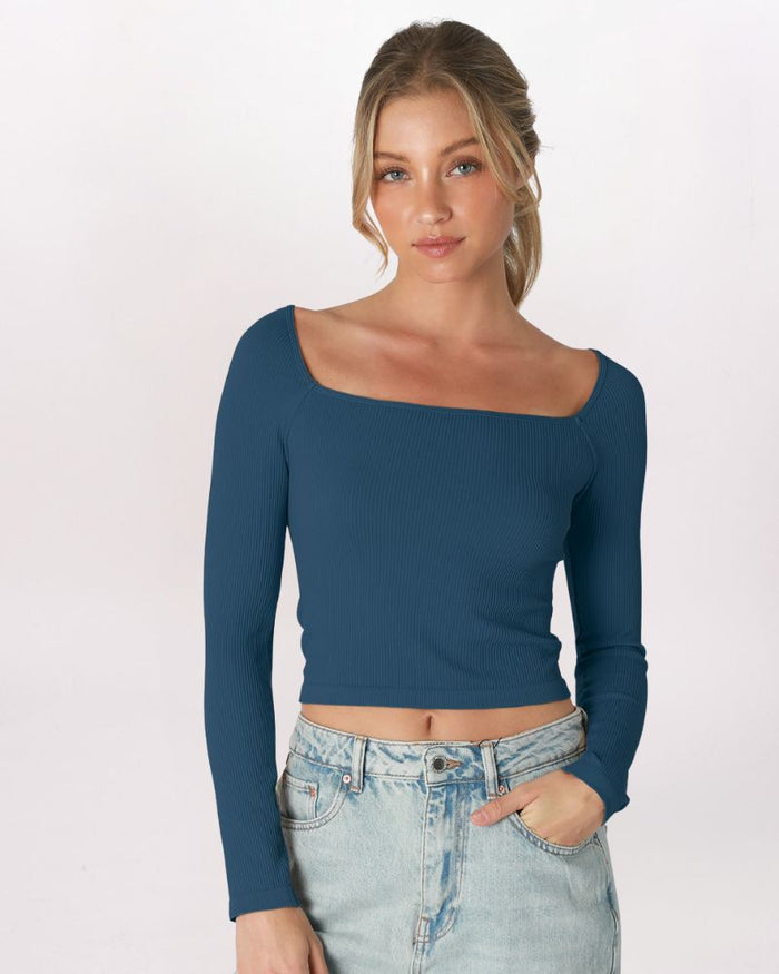 LS SQUARE NECK RIBBED TOP, BLUE OPAL
