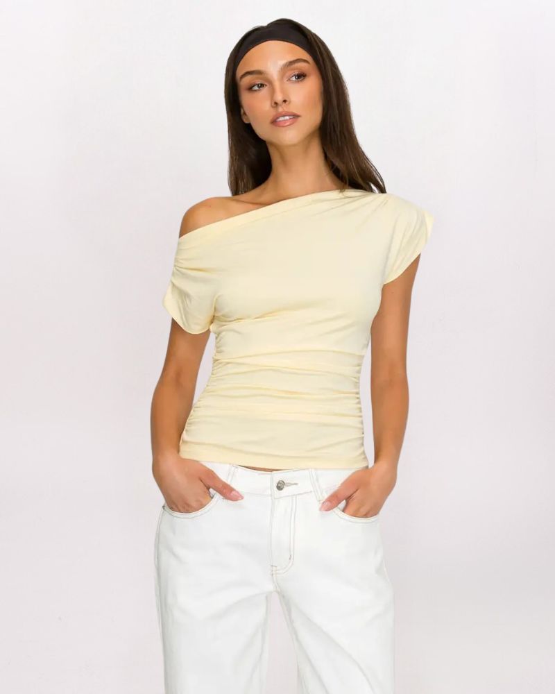 ASYMMETRICAL OFF SHOULDER TOP, BUTTER YLW