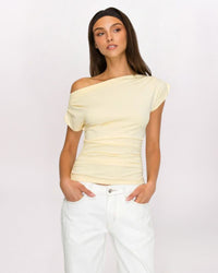 ASYMMETRICAL OFF SHOULDER TOP, BUTTER YLW