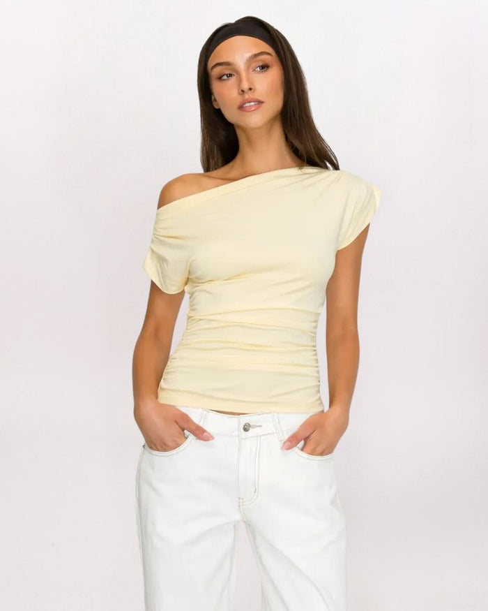 ASYMMETRICAL OFF SHOULDER TOP, BUTTER YLW