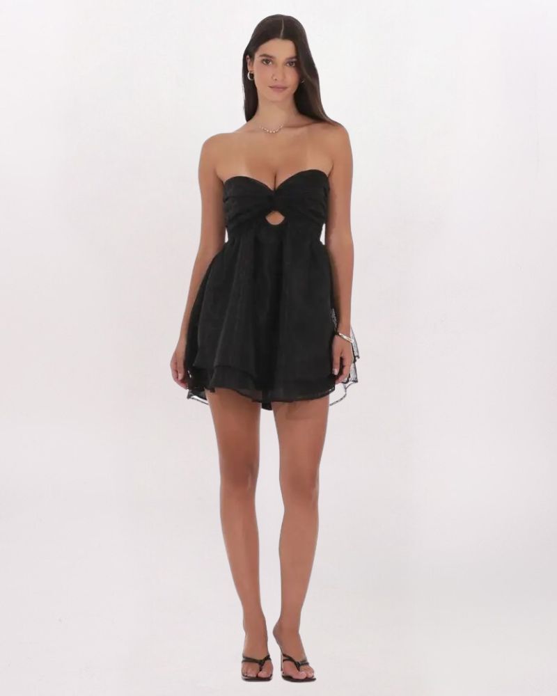 BOW BACK SWISS DOT DRESS - BLACK