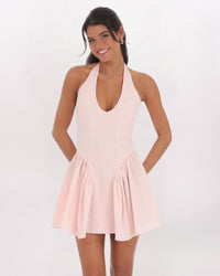 STRIPED CRINKLE HALTER DRESS