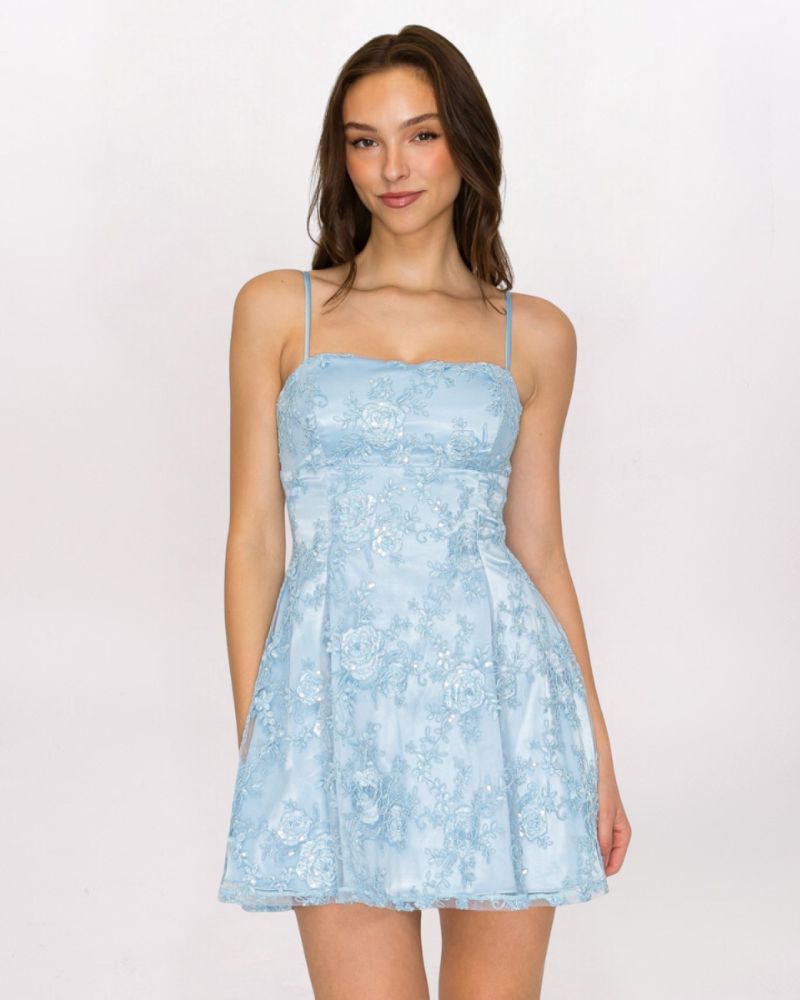 FLORAL SEQUIN ALINE DRESS, BLUE