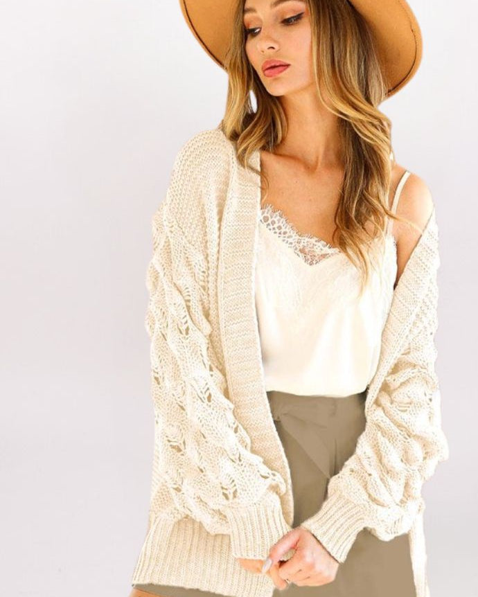 BUBBLE SLEEVE CHUNKY KNIT CARDIGAN
