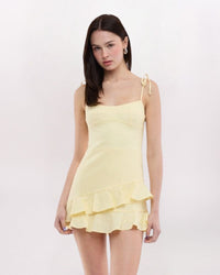 TIE STRAP FLUTTER HEM DRESS, LEMON