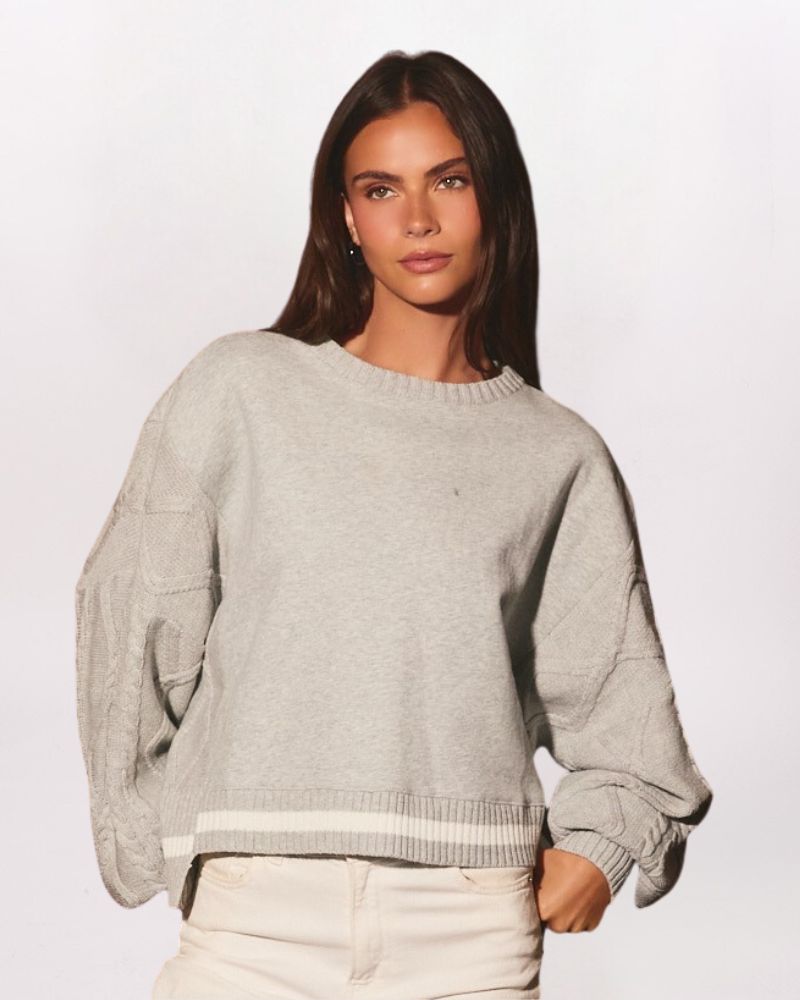 CABLE KNIT SLEEVE SWEATSHIRT, H GREY