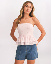 EYELET TIE BACK PEPLUM TOP, BABY PINK