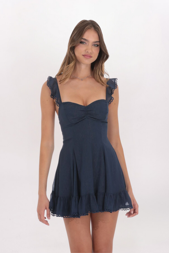 SHIMMER RUFFLE FIT & FLARE DRESS