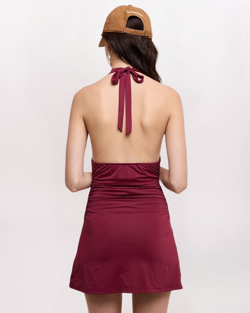 COWL NECK HALTER DRESS, DK RED
