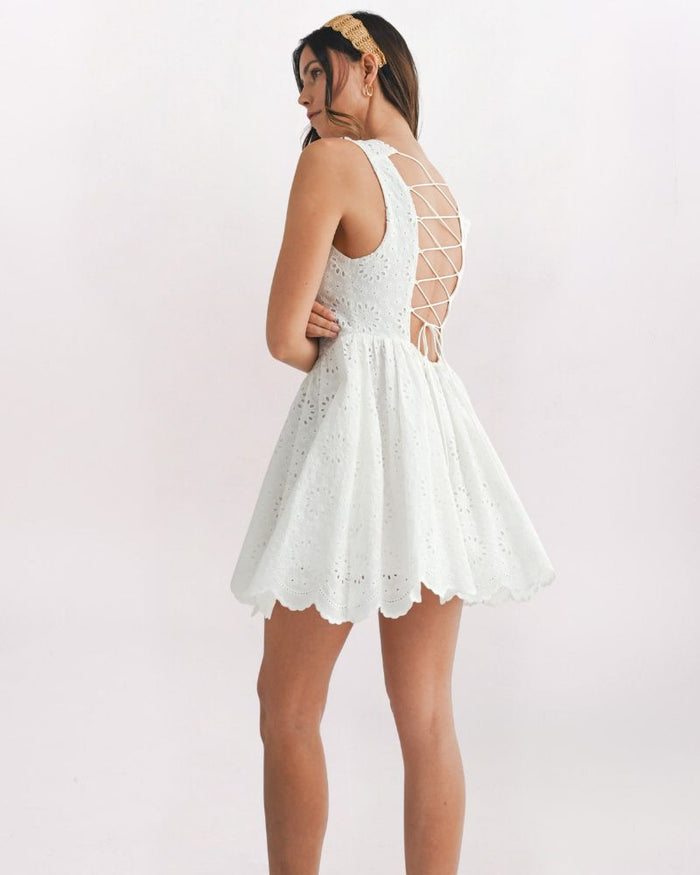 EYELET LACED BACK DRESS, OFF WHITE