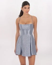 METALLIC LACED BACK FLARE DRESS, SLT BLUE