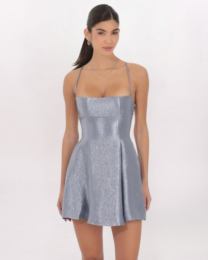 METALLIC LACED BACK FLARE DRESS, SLT BLUE