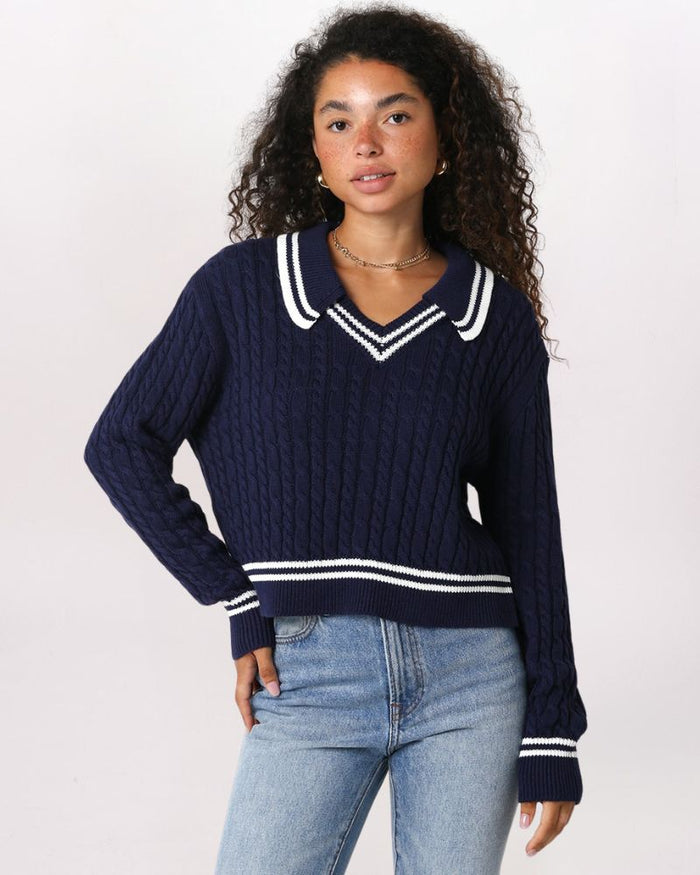 STRIPED CUFF DETAIL COLLARED SWEATER, NAVY/IVORY