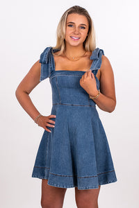 TIE STRAP DENIM FLARE DRESS