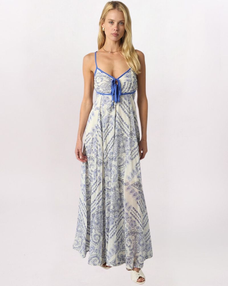 PIPED PAISLEY MAXI DRESS, WHITE/BLUE