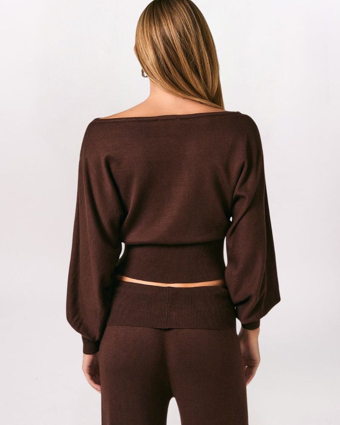 SLOUCHY OFF SHOULDER TOP, BROWN