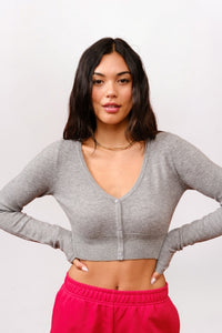 CROPPED CASHMERE BLEND CARDIGAN, HEATHER GREY