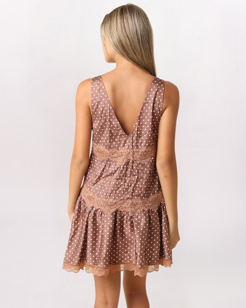 POLKA DOT LACE DETAIL SLIP DRESS, BRN/WHT
