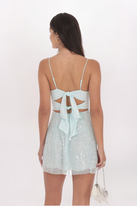 SEQUIN GLITTER LACED BACK DRESS, SEAFOAM BLUE