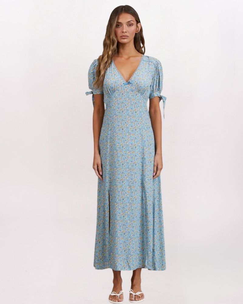 SS FLORAL DBL SLIT MAXI DRESS, BLUE