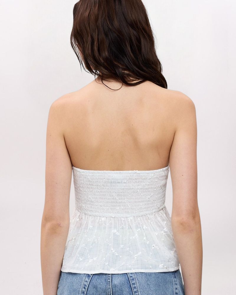 STRAPLESS EMBROIDERED FLY AWAY TOP, WHITE