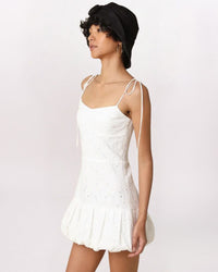 BUBBLE HEM TIE STRAP EYELET DRESS, WHITE