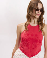HIGH NECK EMBROIDERED TOP, RED